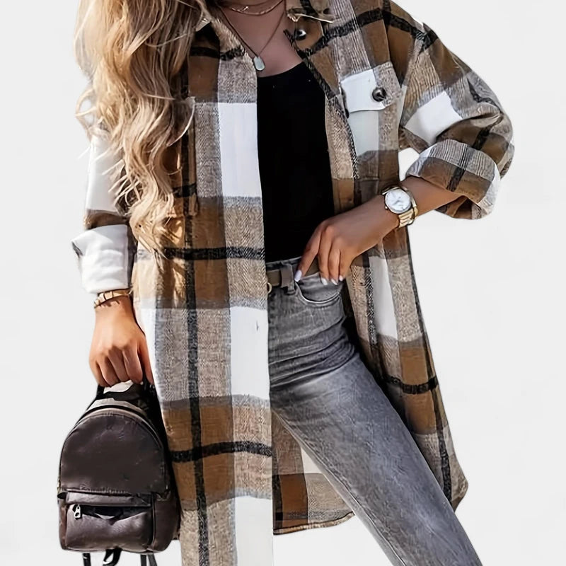 Gleame.-Blazers &amp; Blouses-Gleame Jas - Lange jas met knoopsluiting en flapzakken voor dames