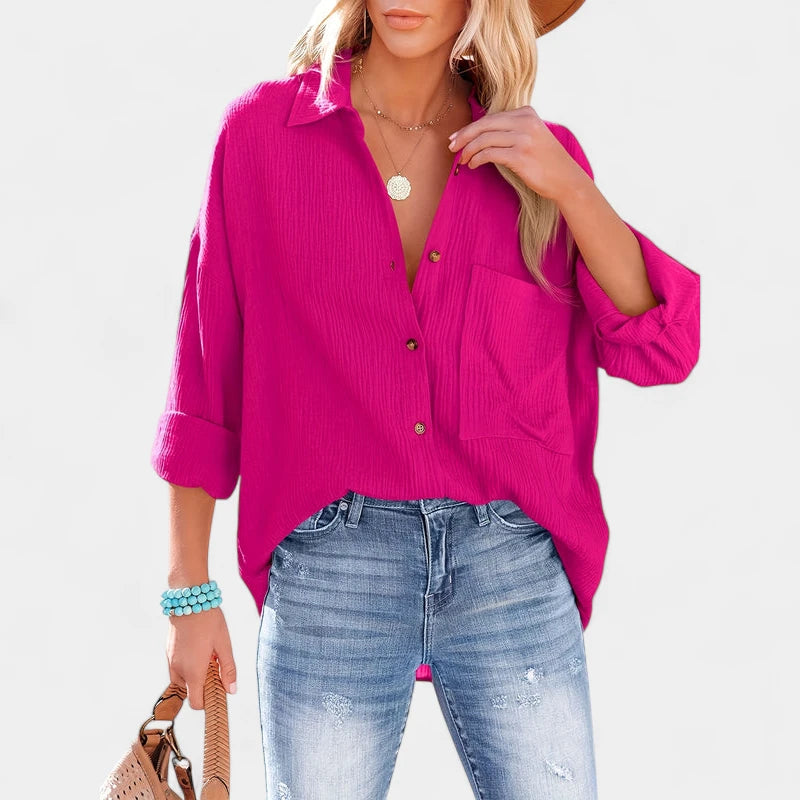 Gleame.-Blazers &amp; Blouses-Gleame Shirt - Casual V-hals longsleeve blouse met knopen voor dames