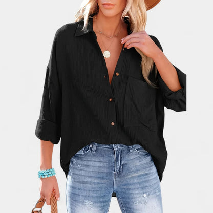 Gleame.-Blazers &amp; Blouses-Gleame Shirt - Casual V-hals longsleeve blouse met knopen voor dames