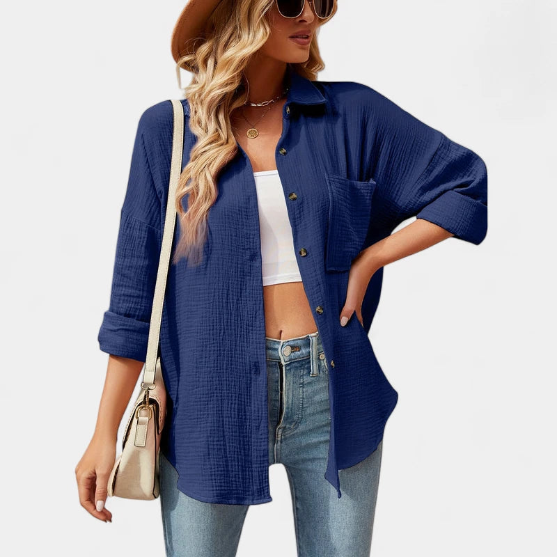 Gleame.-Blazers &amp; Blouses-Gleame Shirt - Casual V-hals longsleeve blouse met knopen voor dames