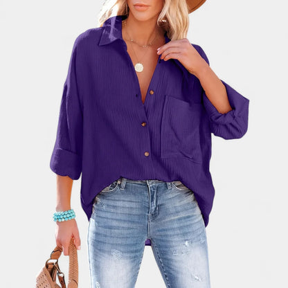 Gleame.-Blazers &amp; Blouses-Gleame Shirt - Casual V-hals longsleeve blouse met knopen voor dames
