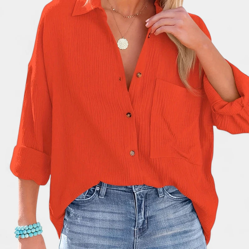 Gleame.-Blazers &amp; Blouses-Gleame Shirt - Casual V-hals longsleeve blouse met knopen voor dames