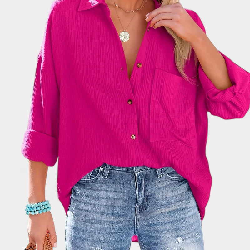 Gleame.-Blazers &amp; Blouses-Gleame Shirt - Casual V-hals longsleeve blouse met knopen voor dames