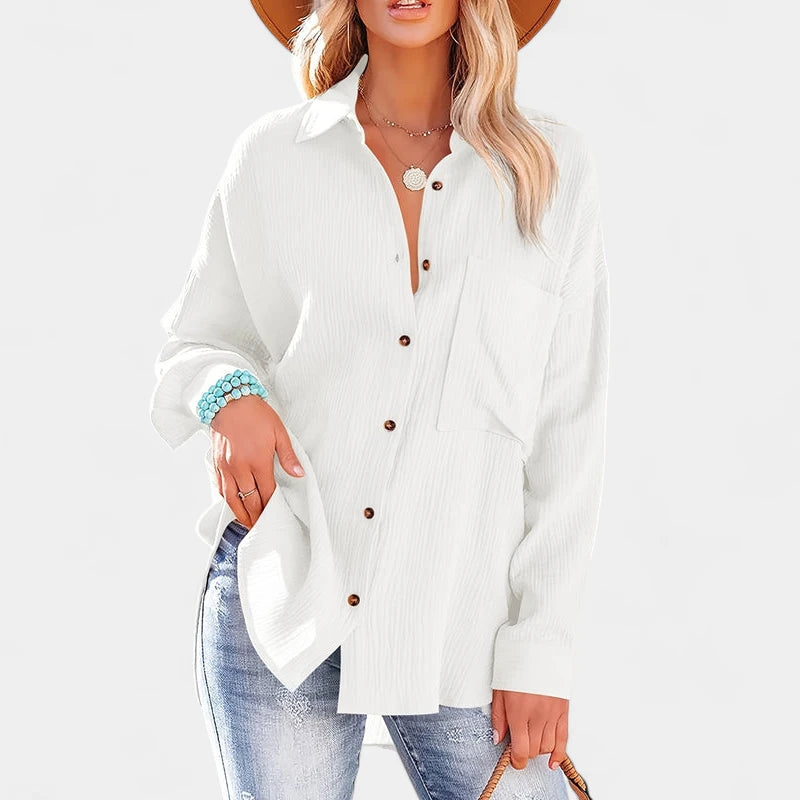 Gleame.-Blazers &amp; Blouses-Gleame Shirt - Casual V-hals longsleeve blouse met knopen voor dames