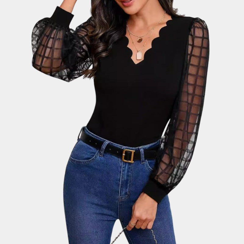 Gleame.-Blazers &amp; Blouses-Gleame T-shirt - V-hals lange mouw slim fit voor dames