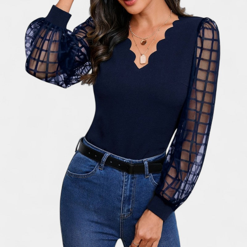 Gleame.-Blazers &amp; Blouses-Gleame T-shirt - V-hals lange mouw slim fit voor dames