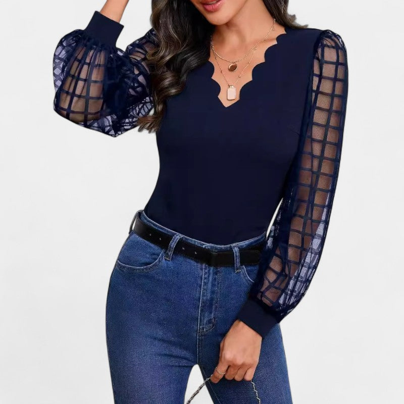 Gleame.-Blazers &amp; Blouses-Gleame T-shirt - V-hals lange mouw slim fit voor dames