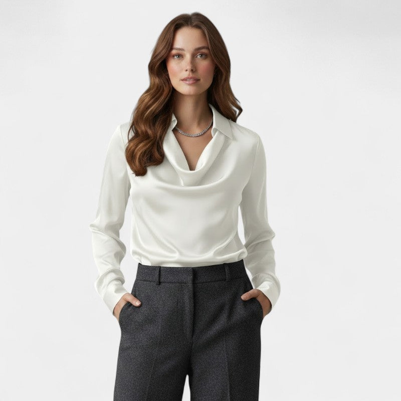 Gleame.-Blouse-Gleame | Dames Blouse van Satijn met Watervalhals en Lange Mouwen
