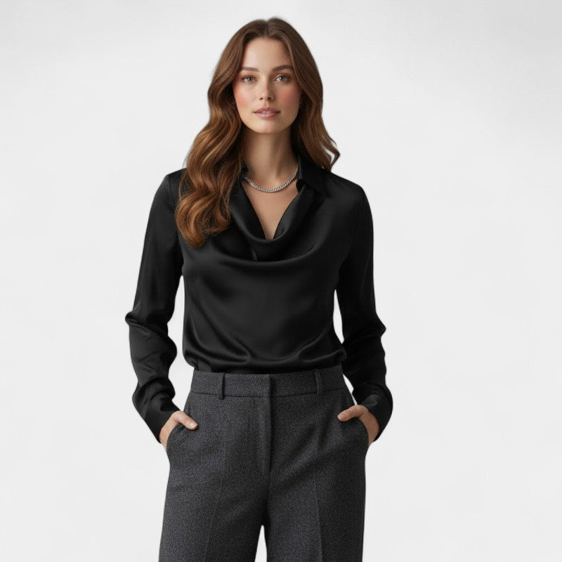 Gleame.-Blouse-Gleame | Dames Blouse van Satijn met Watervalhals en Lange Mouwen