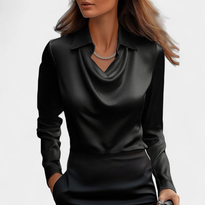 Gleame.-Blouse-Gleame | Dames Blouse van Satijn met Watervalhals en Lange Mouwen