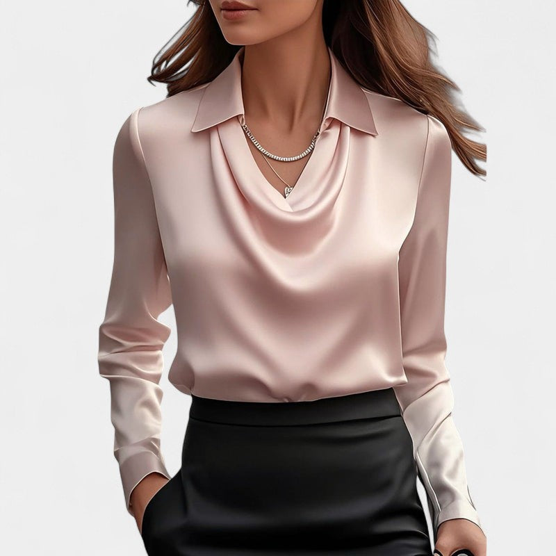 Gleame.-Blouse-Gleame | Dames Blouse van Satijn met Watervalhals en Lange Mouwen