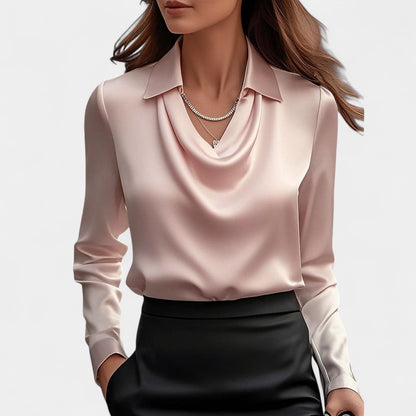 Gleame.-Blouse-Gleame | Dames Blouse van Satijn met Watervalhals en Lange Mouwen