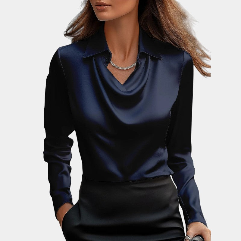 Gleame.-Blouse-Gleame | Dames Blouse van Satijn met Watervalhals en Lange Mouwen