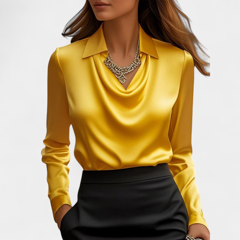 Gleame.-Blouse-Gleame | Dames Blouse van Satijn met Watervalhals en Lange Mouwen