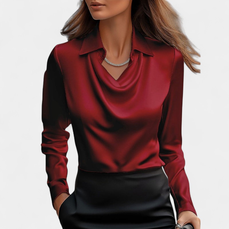 Gleame.-Blouse-Gleame | Dames Blouse van Satijn met Watervalhals en Lange Mouwen