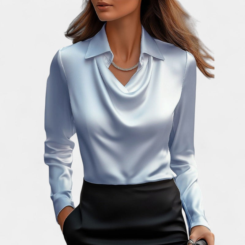 Gleame.-Blouse-Gleame | Dames Blouse van Satijn met Watervalhals en Lange Mouwen