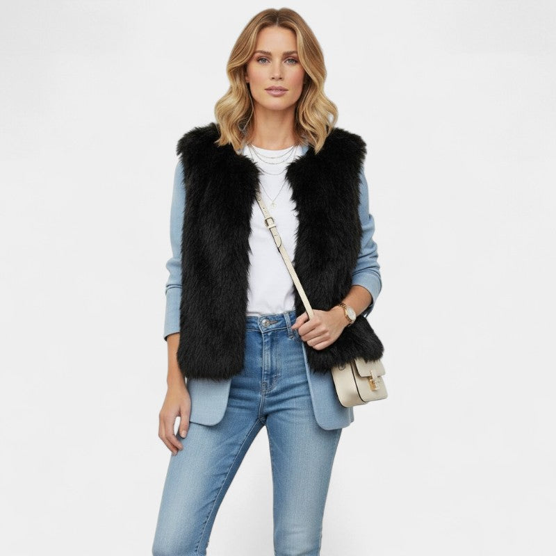 Gleame.-Bodywarmer-Gleame | Dames Imitatiebont Bodywarmer zonder Mouwen met Voering