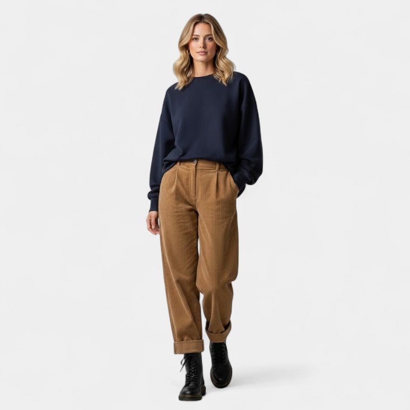 Gleame.-Broek-Gleame | Dames Corduroy Broek – Hoge Taille Geribde Nette Pantalon