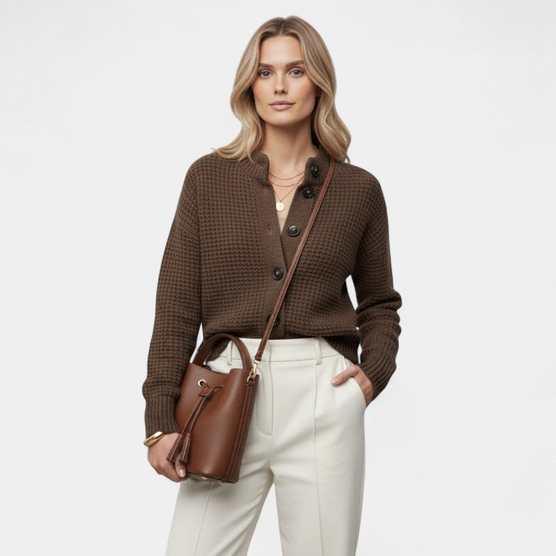 Gleame.-Cardigan-Gleame | Dames Gebreid Vest met Knoopsluiting en Cardigan met Opstaande Kraag