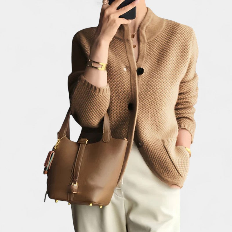 Gleame.-Cardigan-Gleame | Dames Gebreid Vest met Knoopsluiting en Cardigan met Opstaande Kraag