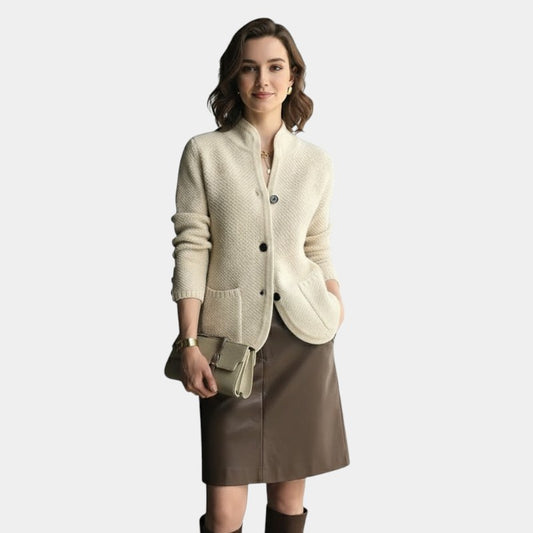 Gleame.-Cardigan-Gleame | Dames Kasjmier Vest met Knopen en Hoge Kraag