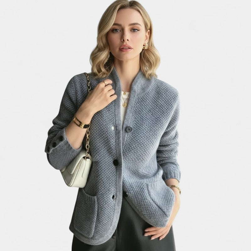 Gleame.-Cardigan-Gleame | Dames Kasjmier Vest met Knopen en Hoge Kraag