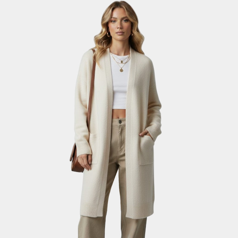 Gleame.-Cardigan-Gleame | Dames Lange Gebreide Cardigan met Open Voorkant en Zakken