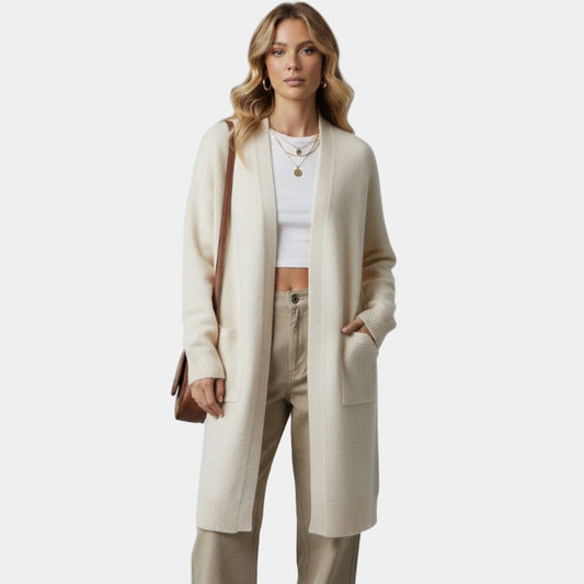 Gleame.-Cardigan-Gleame | Dames Lange Gebreide Cardigan met Open Voorkant en Zakken