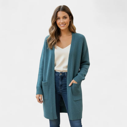 Gleame.-Cardigan-Gleame | Dames Lange Gebreide Cardigan met Open Voorkant en Zakken