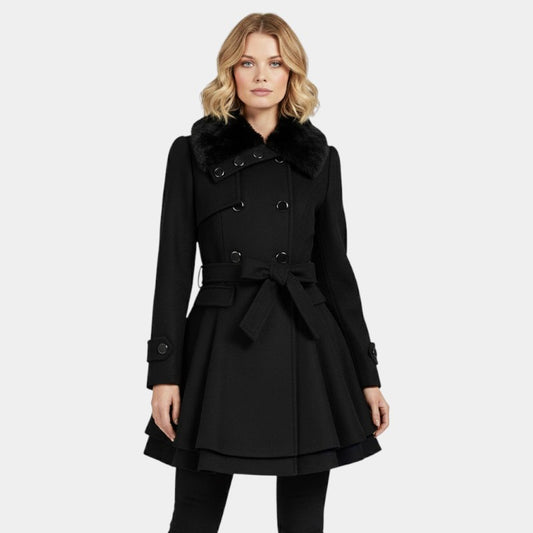 Gleame.-Coat-Gleame | Dames mantel met ceintuur en imitatiebontkraag