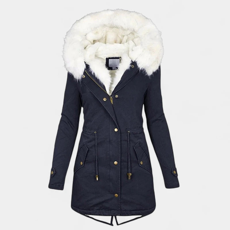 Gleame.-Coat-Gleame Lange jas – Warme damesjas met imitatiebontkraag