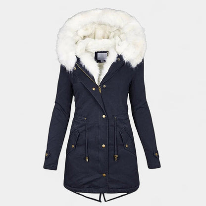 Gleame.-Coat-Gleame Lange jas – Warme damesjas met imitatiebontkraag