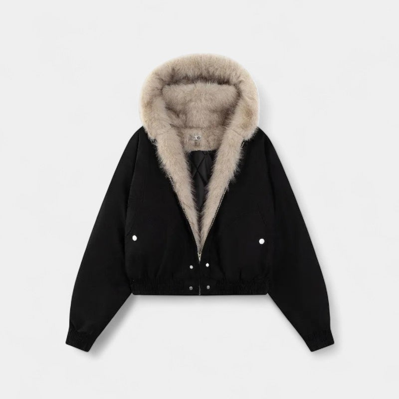 Gleame.-Dames jas-Gleame | Dames Jas Kort Model Zwart Capuchon met Randafwerking Ritssluiting