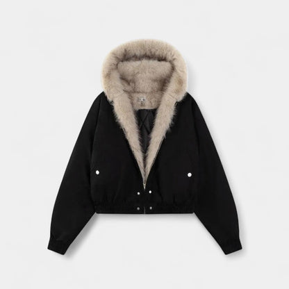 Gleame.-Dames jas-Gleame | Dames Jas Kort Model Zwart Capuchon met Randafwerking Ritssluiting