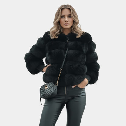 Gleame.-Damesjas-Gleame | Dames Jas van Imitatiebont met Driekwartmouwen en Haaksluiting