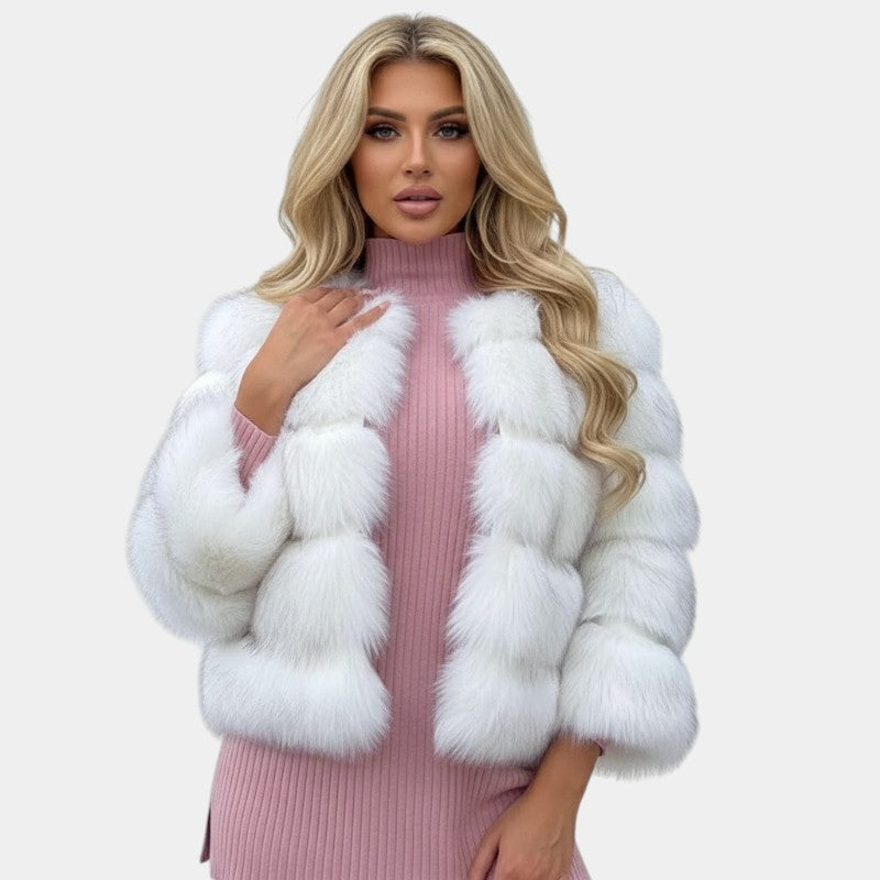 Gleame.-Damesjas-Gleame | Dames Jas van Imitatiebont met Driekwartmouwen en Haaksluiting