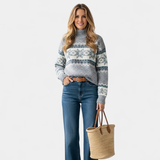 Gleame.-Damestrui-Gleame | Dames Gebreide Trui met Motief van Sneeuwvlokken en Ronde Hals