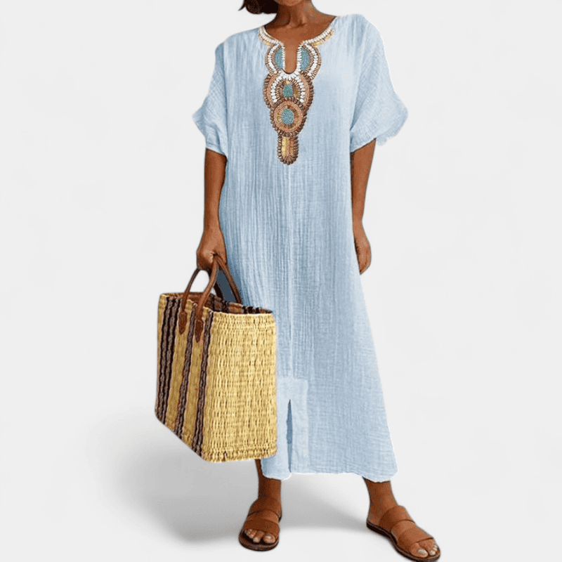 Gleame.-Dresses-Gleame Lange Jurk - Casual katoenen zomerjurk met korte mouwen