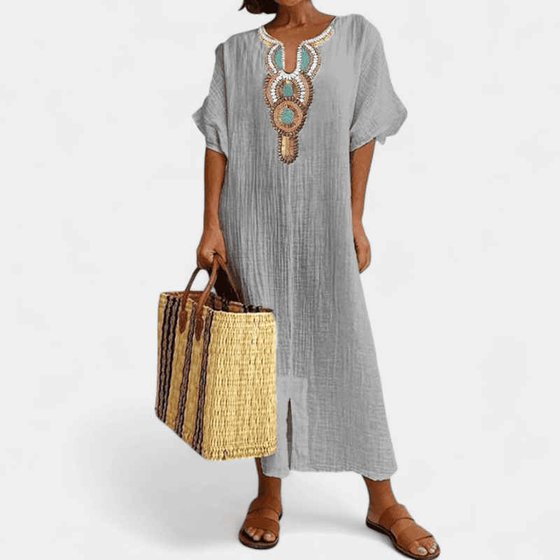 Gleame.-Dresses-Gleame Lange Jurk - Casual katoenen zomerjurk met korte mouwen