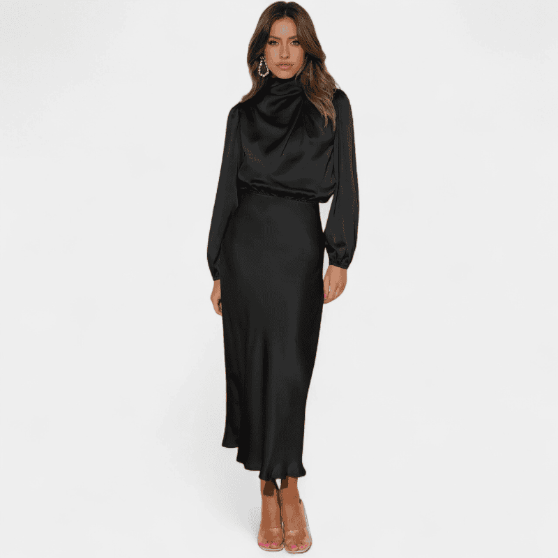 Gleame.-Dresses-Gleame Lange Jurk - Elegante midi dress van satijn met lange mouwen en hoge hals