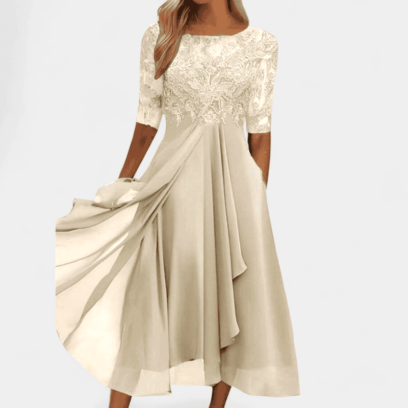 Gleame.-Dresses-Gleame jurk - elegante midi-jurk met kanten details en halflange mouwen