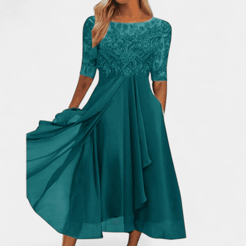 Gleame.-Dresses-Gleame jurk - elegante midi-jurk met kanten details en halflange mouwen
