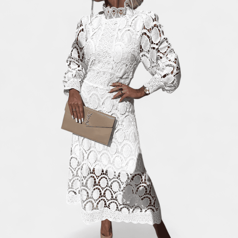 Gleame.-Dresses-Gleame jurk - elegante midi-jurk met hoge hals en pofmouwen