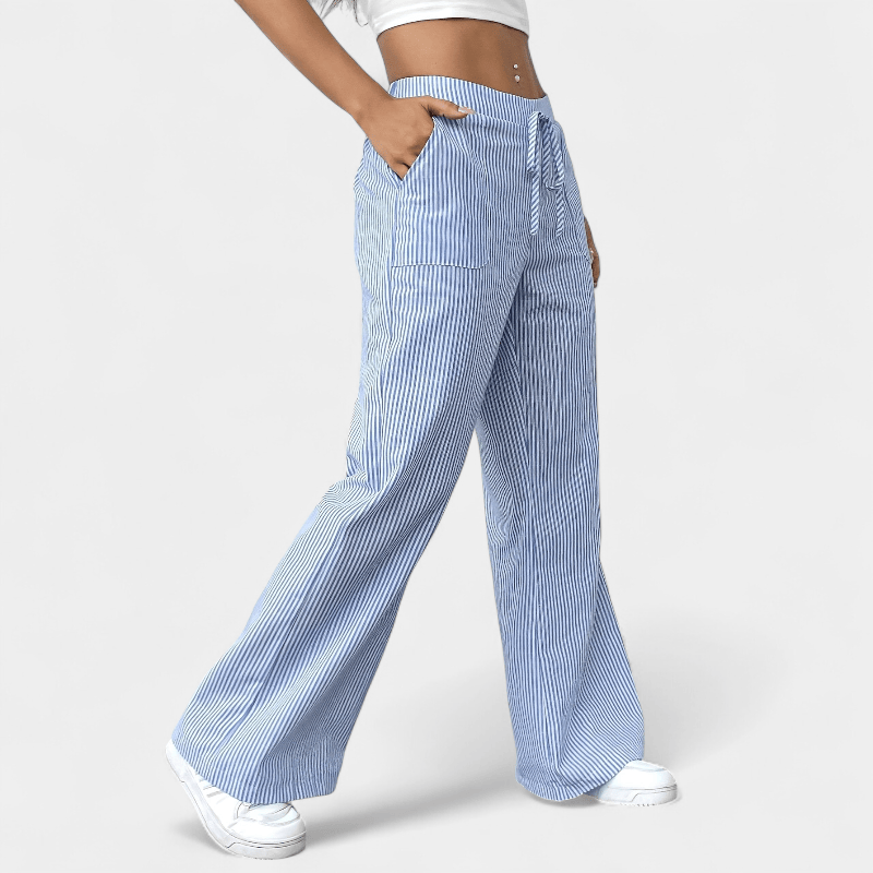Gleame.-Gleame Broek - Wijde pijpen met schuine zakken, casual gestreept dessin en elastische taille met trekkoord