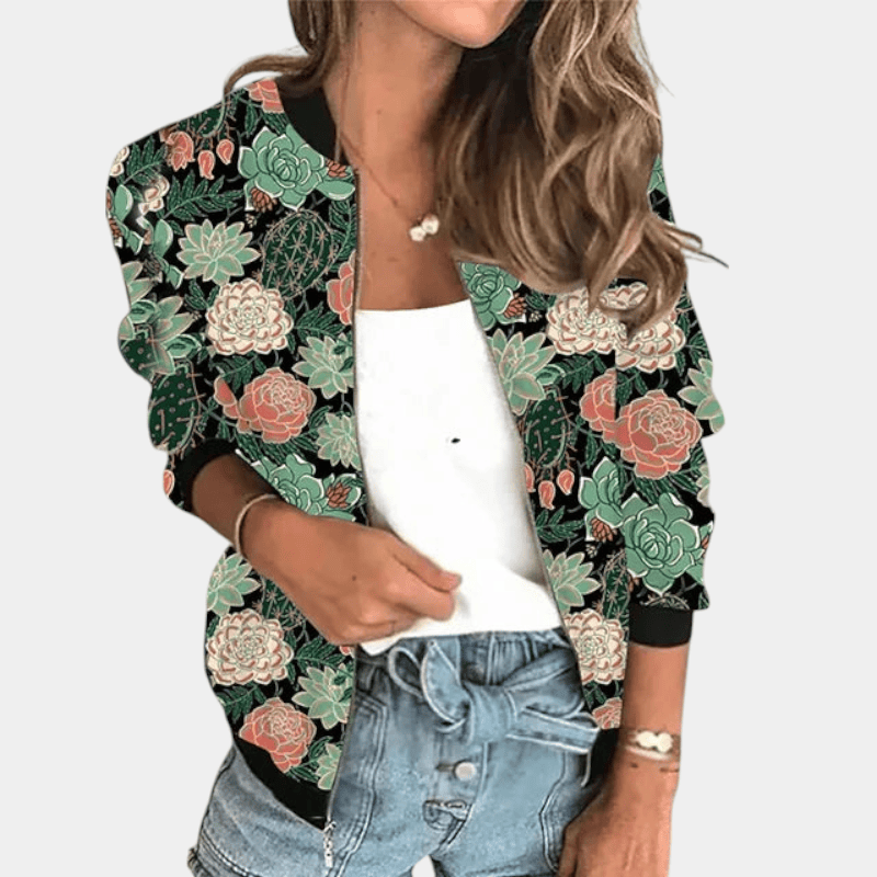 Gleame.-Gleame Jas - Korte jas met bloemenprint, lange mouwen en ritssluiting voor een retro casual look