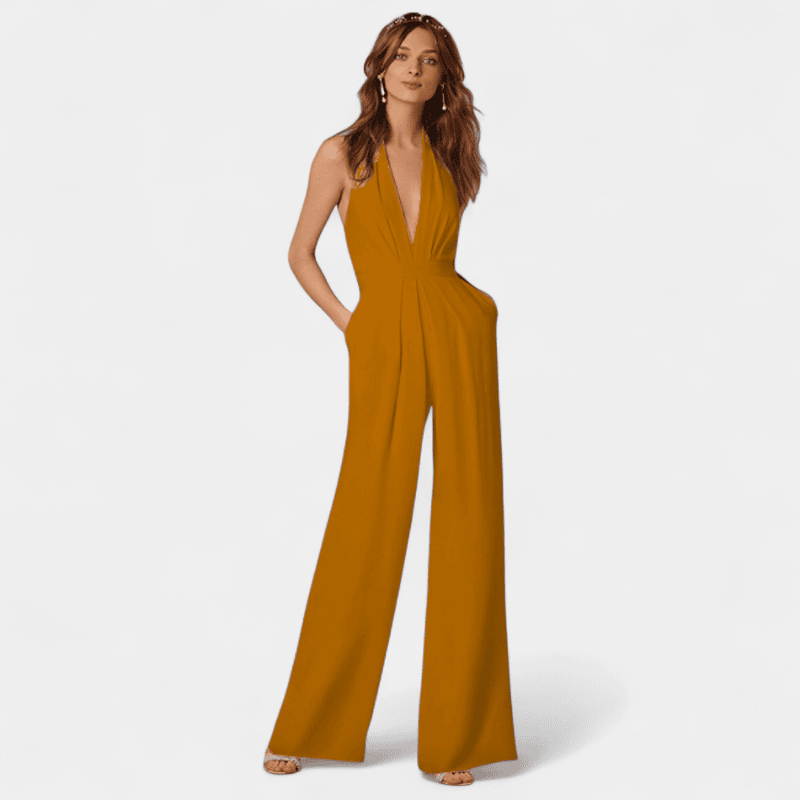 Gleame.-Gleame Jumpsuit - Mouwloze jumpsuit met wijde pijpen en diepe V-hals