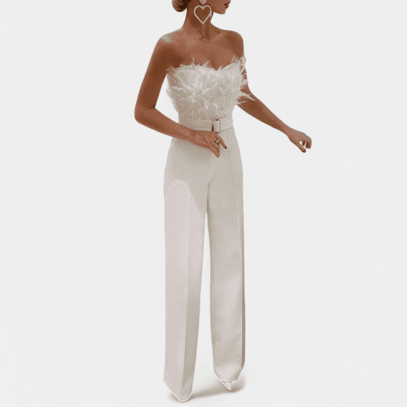 Gleame.-Gleame Jumpsuit - Strapless jumpsuit met veren top en hoge taille