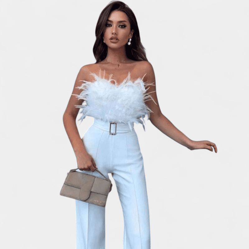 Gleame.-Gleame Jumpsuit - Strapless jumpsuit met veren top en hoge taille