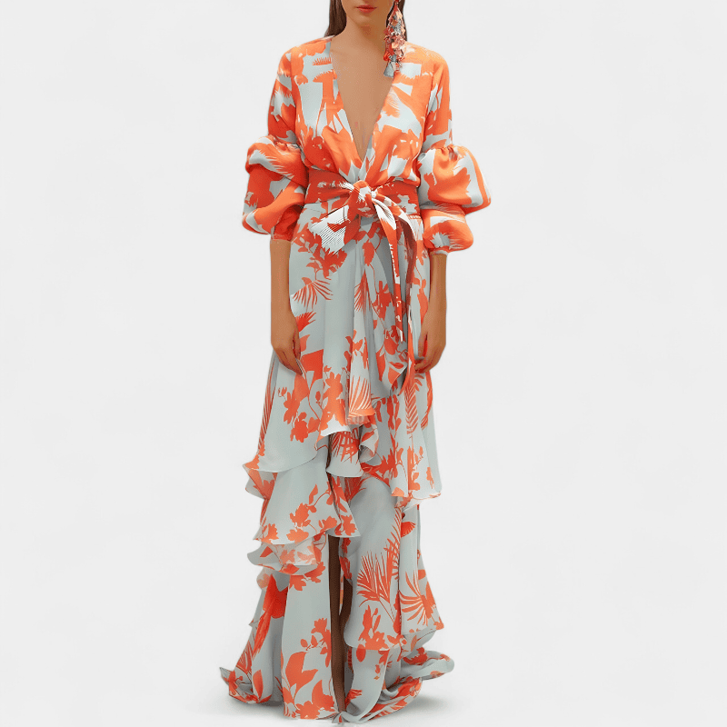 Gleame.-Gleame Jurk - Elegante chiffon jurk met hoog tailleband en asymmetrische volantdetails