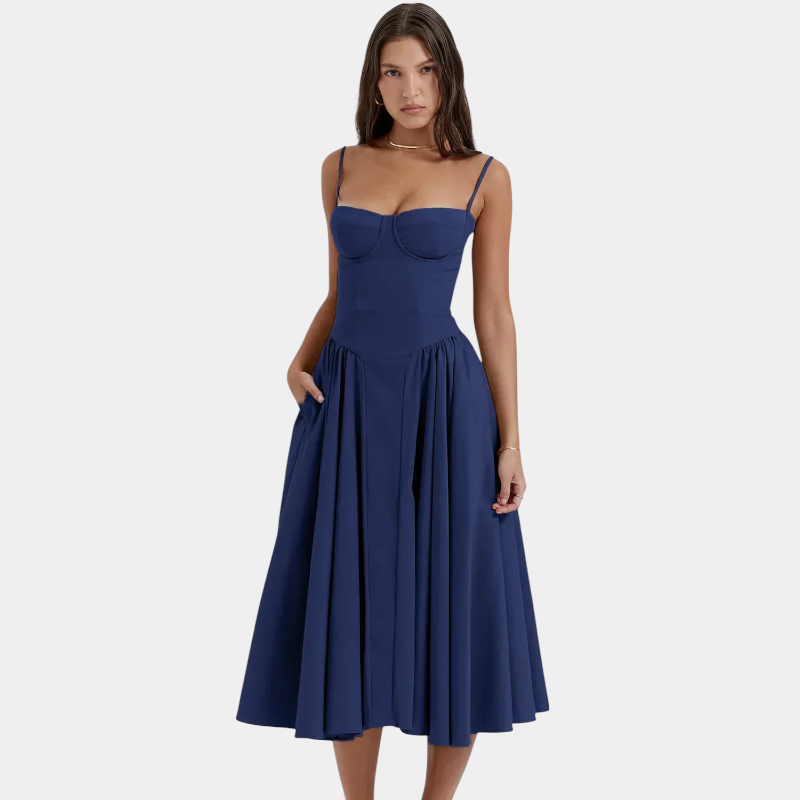 Gleame.-Gleame Jurk - Elegante midi-jurk met smalle bandjes en aansluitend lijfje voor een verfijnde look